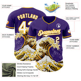 Custom Purple White-Gold Japanese Wave 3D Pattern Design Authentic Baseball Jersey
