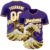 Custom Purple White-Gold Japanese Wave 3D Pattern Design Authentic Baseball Jersey