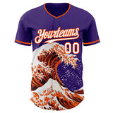 Custom Purple White-Orange Japanese Wave 3D Pattern Design Authentic Baseball Jersey