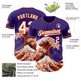 Custom Purple White-Orange Japanese Wave 3D Pattern Design Authentic Baseball Jersey
