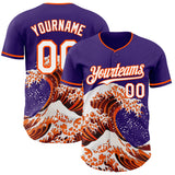 Custom Purple White-Orange Japanese Wave 3D Pattern Design Authentic Baseball Jersey
