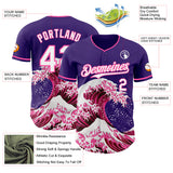 Custom Purple White-Pink Japanese Wave 3D Pattern Design Authentic Baseball Jersey