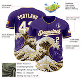 Custom Purple White-Old Gold Japanese Wave 3D Pattern Design Authentic Baseball Jersey