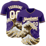 Custom Purple White-Old Gold Japanese Wave 3D Pattern Design Authentic Baseball Jersey