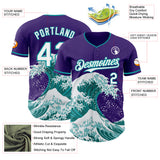 Custom Purple White-Teal Japanese Wave 3D Pattern Design Authentic Baseball Jersey