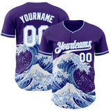 Custom Purple White-Light Blue Japanese Wave 3D Pattern Design Authentic Baseball Jersey