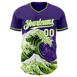 Custom Purple White-Neon Green Japanese Wave 3D Pattern Design Authentic Baseball Jersey
