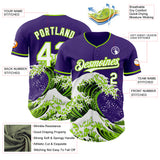 Custom Purple White-Neon Green Japanese Wave 3D Pattern Design Authentic Baseball Jersey