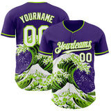 Custom Purple White-Neon Green Japanese Wave 3D Pattern Design Authentic Baseball Jersey