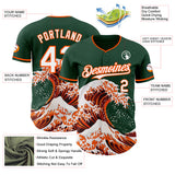Custom Green White-Orange Japanese Wave 3D Pattern Design Authentic Baseball Jersey