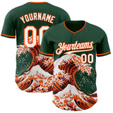 Custom Green White-Orange Japanese Wave 3D Pattern Design Authentic Baseball Jersey