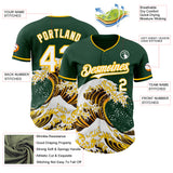 Custom Green White-Gold Japanese Wave 3D Pattern Design Authentic Baseball Jersey