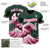Custom Green White-Pink Japanese Wave 3D Pattern Design Authentic Baseball Jersey