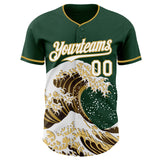 Custom Green White-Old Gold Japanese Wave 3D Pattern Design Authentic Baseball Jersey