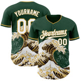 Custom Green White-Old Gold Japanese Wave 3D Pattern Design Authentic Baseball Jersey