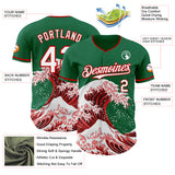 Custom Kelly Green White-Red Japanese Wave 3D Pattern Design Authentic Baseball Jersey