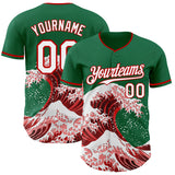 Custom Kelly Green White-Red Japanese Wave 3D Pattern Design Authentic Baseball Jersey