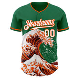 Custom Kelly Green White-Orange Japanese Wave 3D Pattern Design Authentic Baseball Jersey