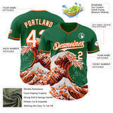 Custom Kelly Green White-Orange Japanese Wave 3D Pattern Design Authentic Baseball Jersey