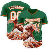 Custom Kelly Green White-Orange Japanese Wave 3D Pattern Design Authentic Baseball Jersey