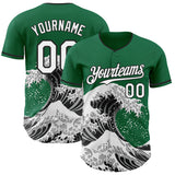 Custom Kelly Green White-Black Japanese Wave 3D Pattern Design Authentic Baseball Jersey