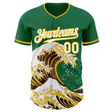 Custom Kelly Green White-Gold Japanese Wave 3D Pattern Design Authentic Baseball Jersey