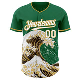 Custom Kelly Green White-Old Gold Japanese Wave 3D Pattern Design Authentic Baseball Jersey
