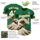 Custom Kelly Green White-Old Gold Japanese Wave 3D Pattern Design Authentic Baseball Jersey