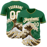 Custom Kelly Green White-Old Gold Japanese Wave 3D Pattern Design Authentic Baseball Jersey