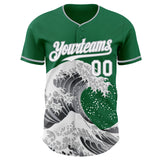 Custom Kelly Green White-Gray Japanese Wave 3D Pattern Design Authentic Baseball Jersey