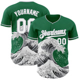 Custom Kelly Green White-Gray Japanese Wave 3D Pattern Design Authentic Baseball Jersey