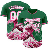 Custom Kelly Green White-Pink Japanese Wave 3D Pattern Design Authentic Baseball Jersey