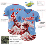 Custom Light Blue Red-White Japanese Wave 3D Pattern Design Authentic Baseball Jersey