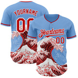 Custom Light Blue Red-White Japanese Wave 3D Pattern Design Authentic Baseball Jersey
