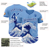 Custom Light Blue Royal-White Japanese Wave 3D Pattern Design Authentic Baseball Jersey