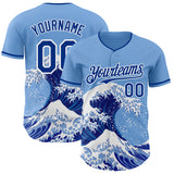 Custom Light Blue Royal-White Japanese Wave 3D Pattern Design Authentic Baseball Jersey
