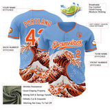 Custom Light Blue Orange-White Japanese Wave 3D Pattern Design Authentic Baseball Jersey