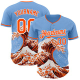 Custom Light Blue Orange-White Japanese Wave 3D Pattern Design Authentic Baseball Jersey