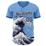 Custom Light Blue Navy-White Japanese Wave 3D Pattern Design Authentic Baseball Jersey