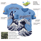 Custom Light Blue Navy-White Japanese Wave 3D Pattern Design Authentic Baseball Jersey