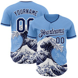 Custom Light Blue Navy-White Japanese Wave 3D Pattern Design Authentic Baseball Jersey
