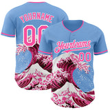Custom Light Blue Pink-White Japanese Wave 3D Pattern Design Authentic Baseball Jersey