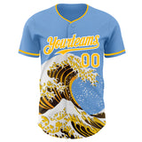 Custom Light Blue Gold-White Japanese Wave 3D Pattern Design Authentic Baseball Jersey