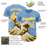 Custom Light Blue Gold-White Japanese Wave 3D Pattern Design Authentic Baseball Jersey