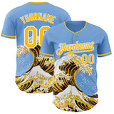 Custom Light Blue Gold-White Japanese Wave 3D Pattern Design Authentic Baseball Jersey