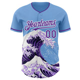 Custom Light Blue Purple-White Japanese Wave 3D Pattern Design Authentic Baseball Jersey