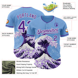 Custom Light Blue Purple-White Japanese Wave 3D Pattern Design Authentic Baseball Jersey