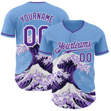 Custom Light Blue Purple-White Japanese Wave 3D Pattern Design Authentic Baseball Jersey