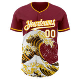 Custom Crimson White-Gold Japanese Wave 3D Pattern Design Authentic Baseball Jersey