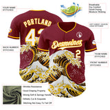 Custom Crimson White-Gold Japanese Wave 3D Pattern Design Authentic Baseball Jersey
